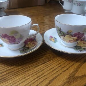 Royal Kent Teacup and Saucer 2 Set - White with Purple and Yellow Roses